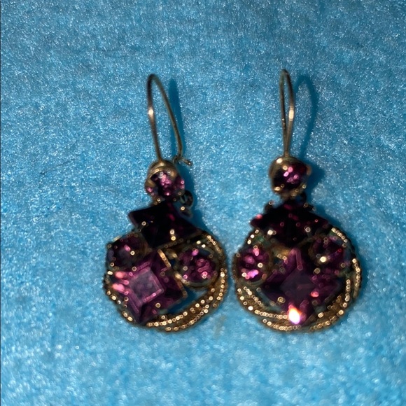 AMETHYST vintage rare antique faux cluster pierced wire earrings drop style gold - Picture 2 of 7